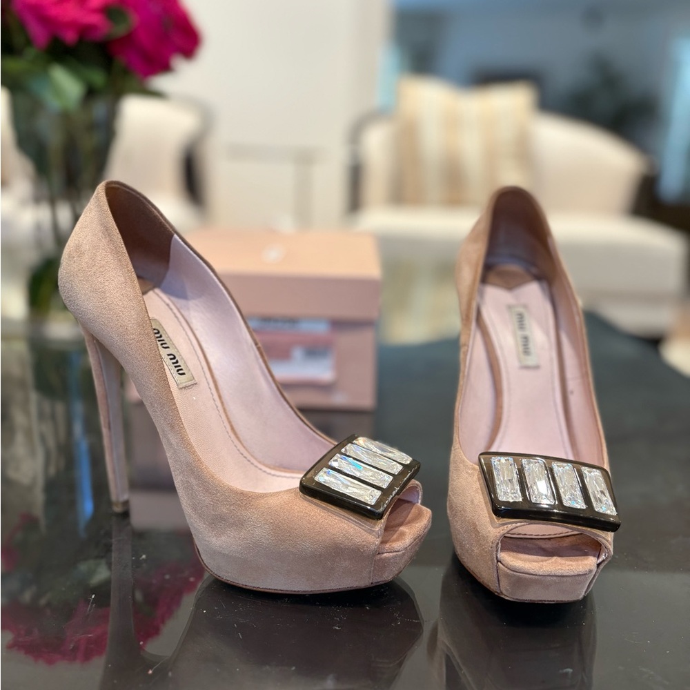 Miu Miu Blush Peep Toe Heels with Crystal Accent